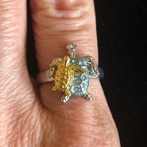 Turtle Design Blue Silver and Gold Tone Ring